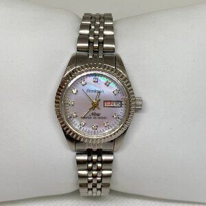 Armitron day date women watch quartz analog silver tone 25mm mop dial running